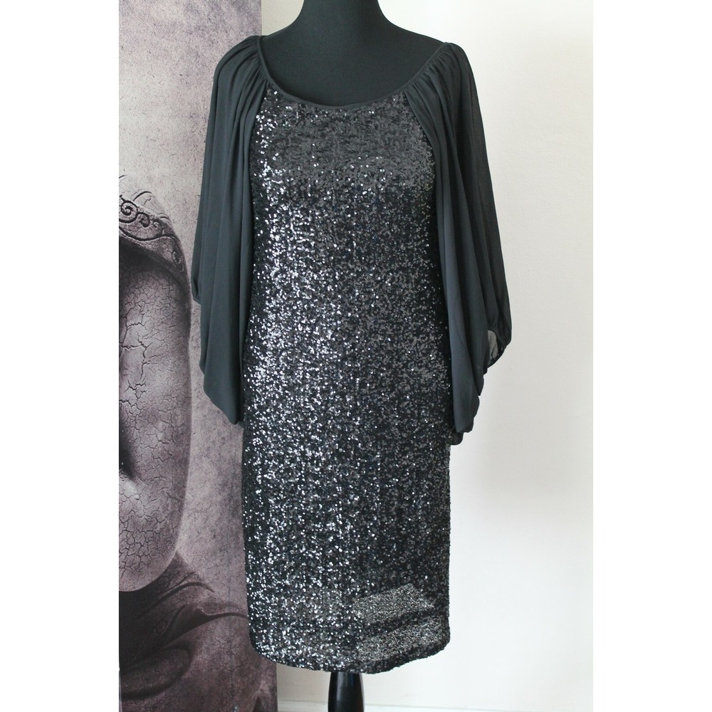 FILOMENA FERNANDEZ Balloon Sleeves Sequin Black Shift Dress sz M/L YJ01